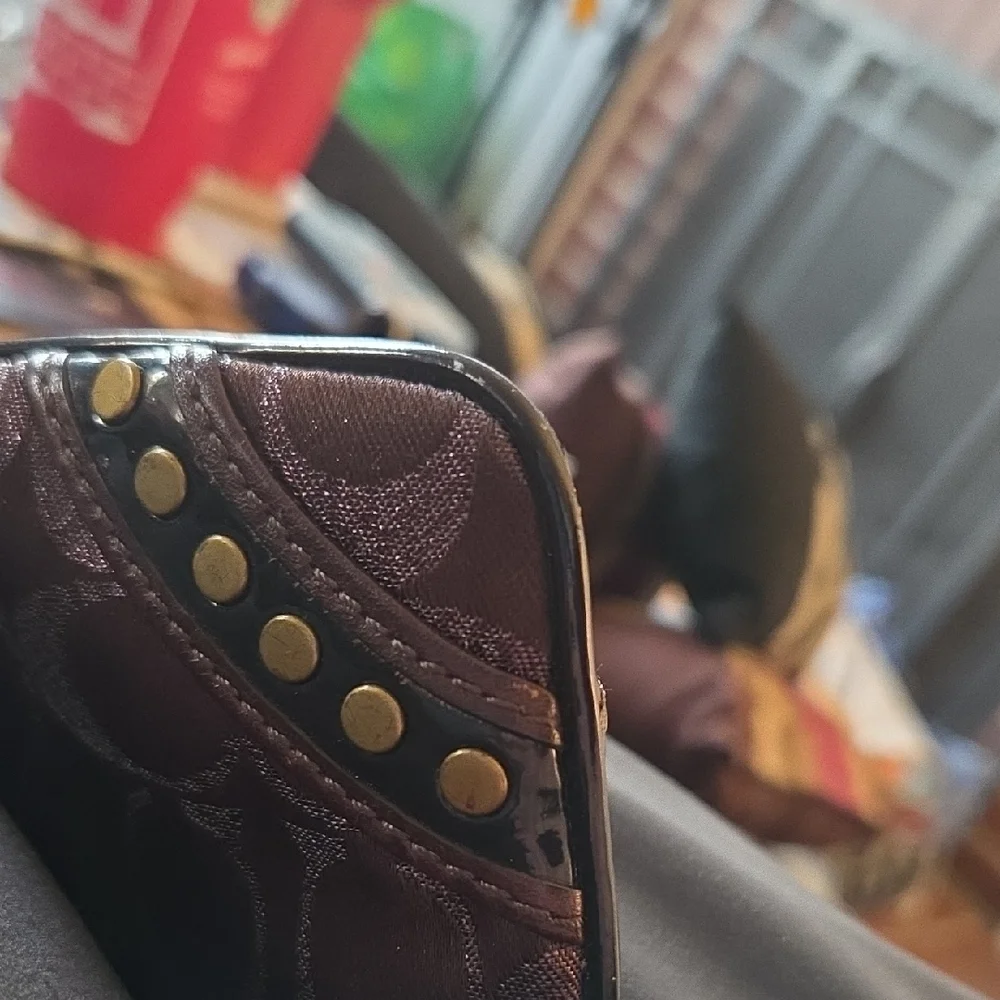 Coach Brown Signature Wristlet with Gold-Tone Studs